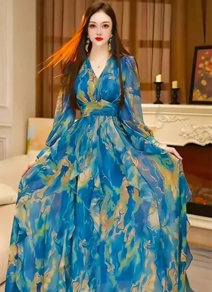 FADFAD Gaun dengan lengan panjang bermotif cetak gaya elegan baru untuk wanita