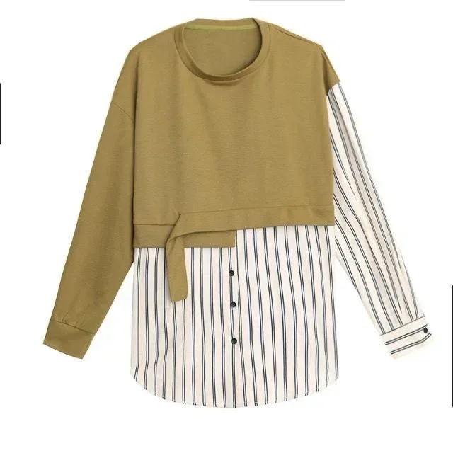 FADFAD Atasan motif garis garis longgar dengan kerah leher bulat wanita