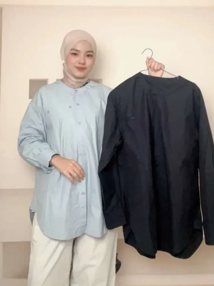 ASAYA Atasan kemeja dengan kancing sebaris lengan panjang longgar untuk wanita
