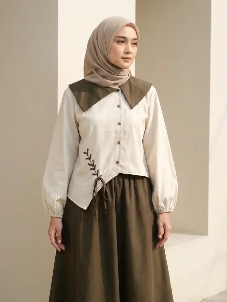 ASAYA Atasan lengan panjang gaya retro dengan desain tidak beraturan dan hiasan tali, dipadukan dengan celana panjang polos