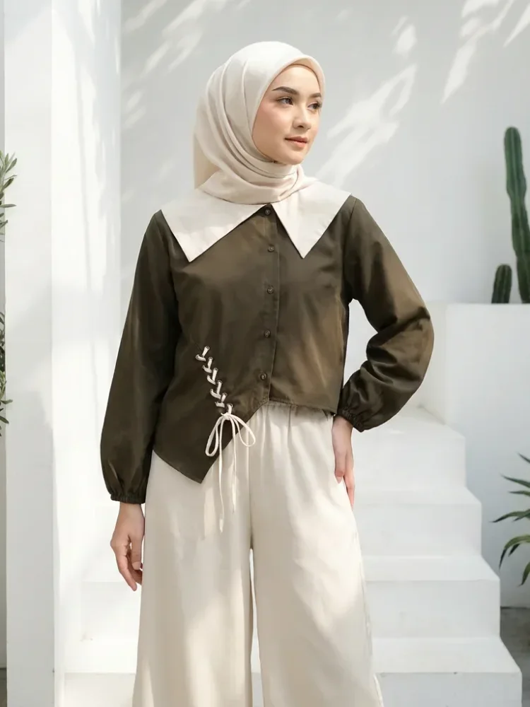 ASAYA Atasan lengan panjang gaya retro dengan desain tidak beraturan dan hiasan tali, dipadukan dengan celana panjang polos