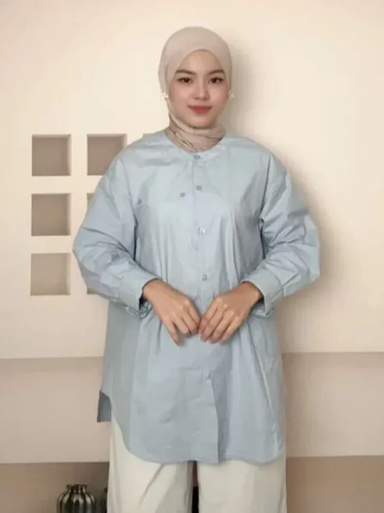 ASAYA Atasan kemeja dengan kancing sebaris lengan panjang longgar untuk wanita