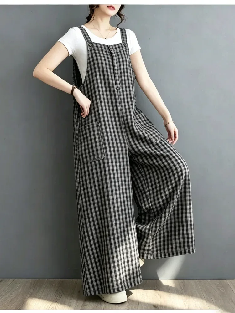 ASAYA Jumpsuit kotak-kotak longgar yang modis (tanpa rompi)