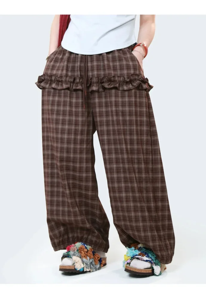 [READY STOCK]ASAYA Celana kasual wanita model pinggang tinggi motif kotak-kotak
