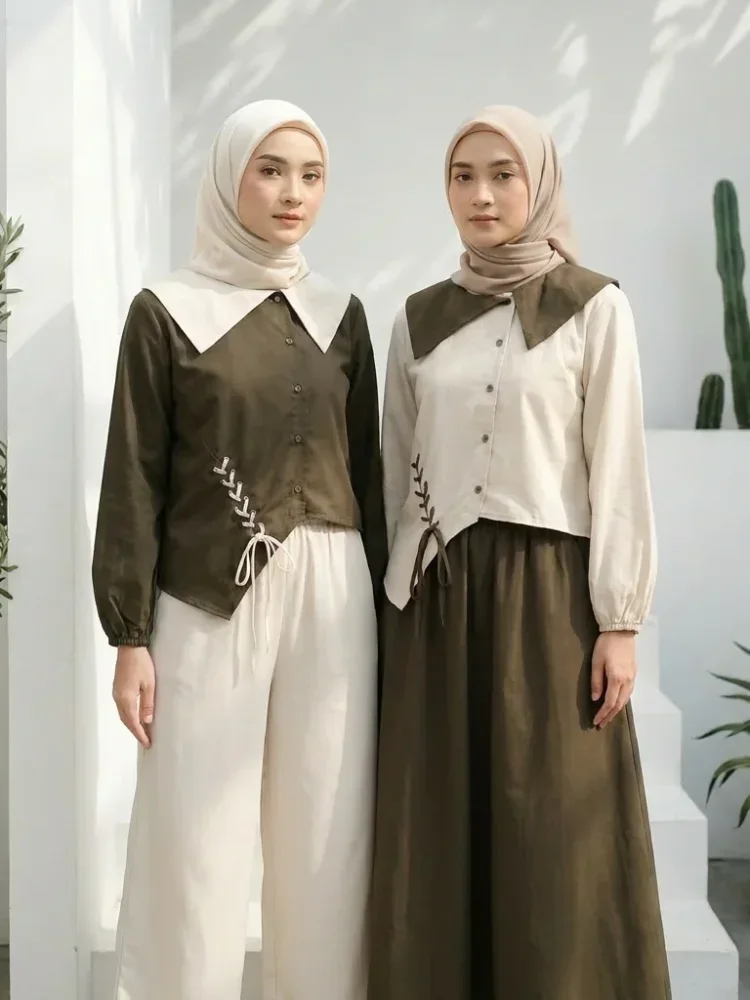 ASAYA Atasan lengan panjang gaya retro dengan desain tidak beraturan dan hiasan tali, dipadukan dengan celana panjang polos