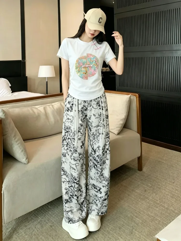 FADFAD Setelan wanita atasan lengan pendek minimalis dan celana panjang high waist motif cetak