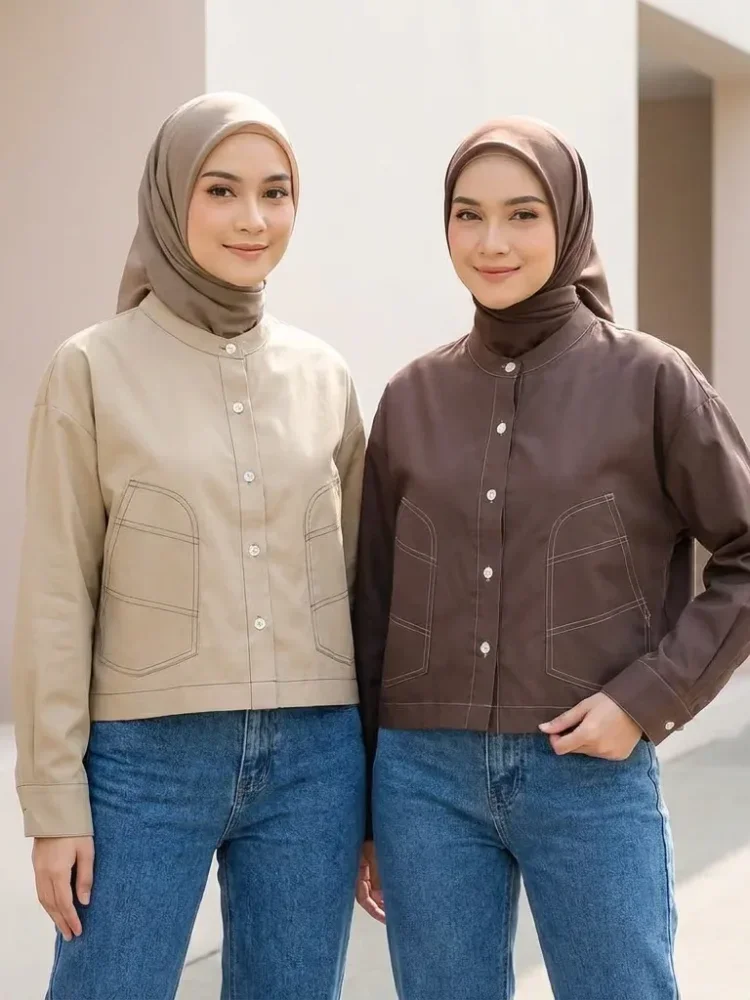 ASAYA Kemeja santai warna polos dengan desain jahitan tekan, kerah lengan panjang, dilengkapi dengan saku besar