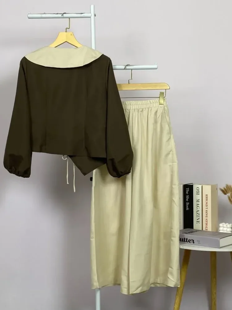 ASAYA Atasan lengan panjang gaya retro dengan desain tidak beraturan dan hiasan tali, dipadukan dengan celana panjang polos