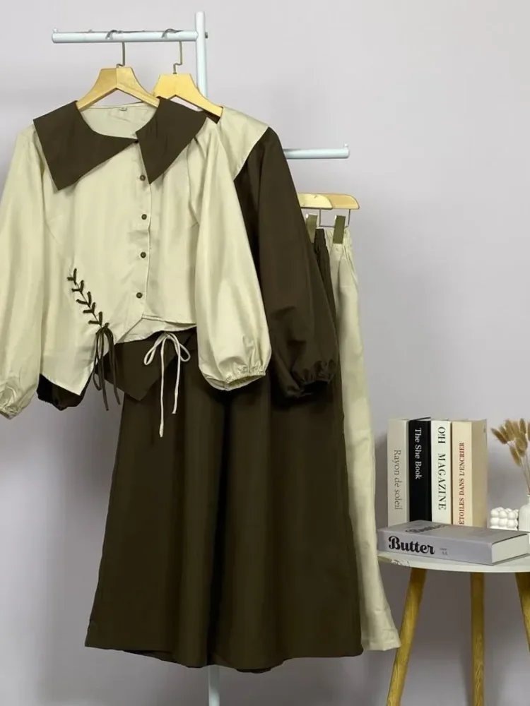 ASAYA Atasan lengan panjang gaya retro dengan desain tidak beraturan dan hiasan tali, dipadukan dengan celana panjang polos