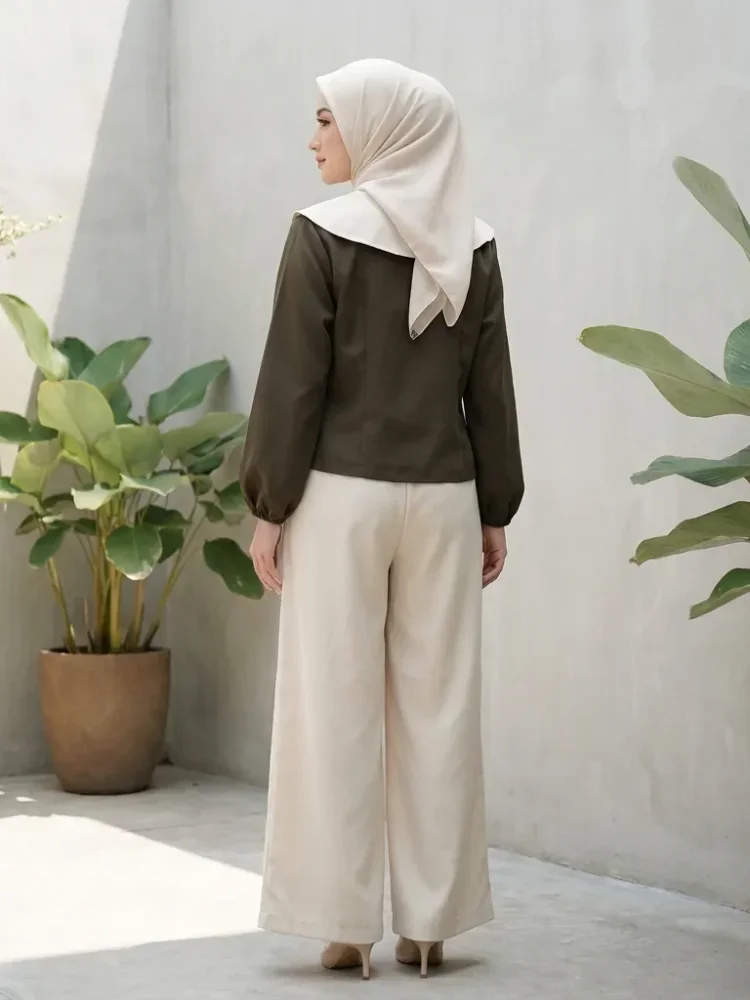ASAYA Atasan lengan panjang gaya retro dengan desain tidak beraturan dan hiasan tali, dipadukan dengan celana panjang polos
