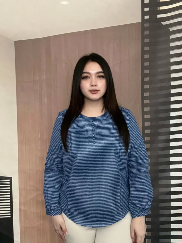 FADFAD Atasan kemeja kerah bulat motif kotak bergaya retro terbaru untuk wanita