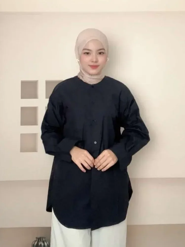 ASAYA Atasan kemeja dengan kancing sebaris lengan panjang longgar untuk wanita