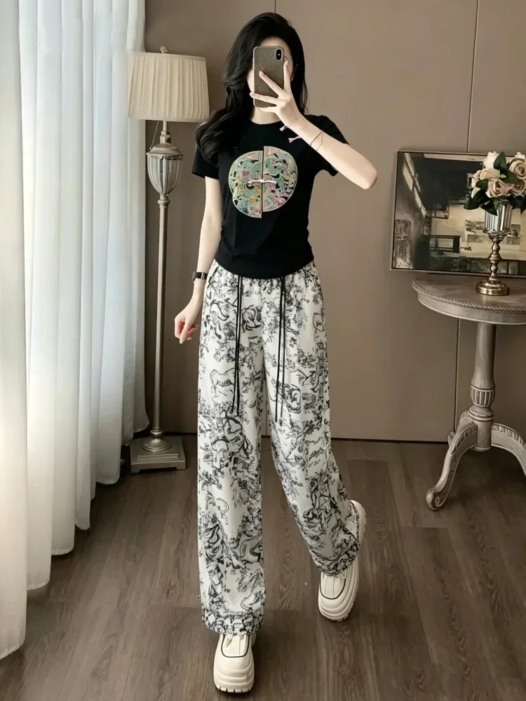 FADFAD Setelan wanita atasan lengan pendek minimalis dan celana panjang high waist motif cetak