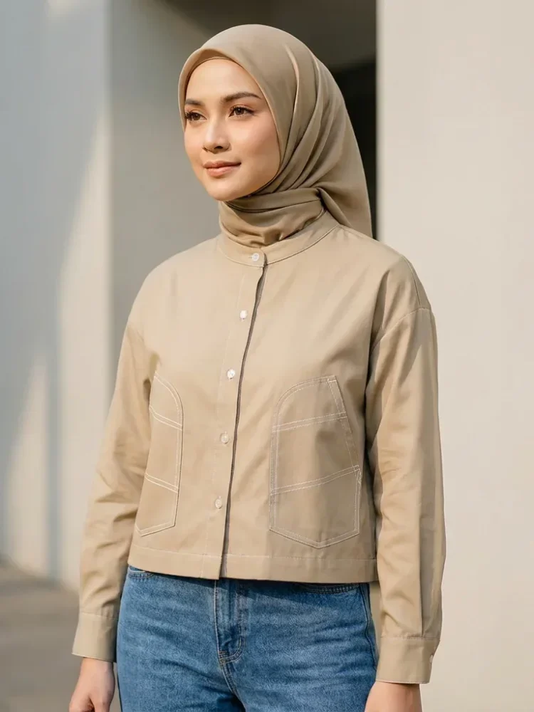 ASAYA Kemeja santai warna polos dengan desain jahitan tekan, kerah lengan panjang, dilengkapi dengan saku besar