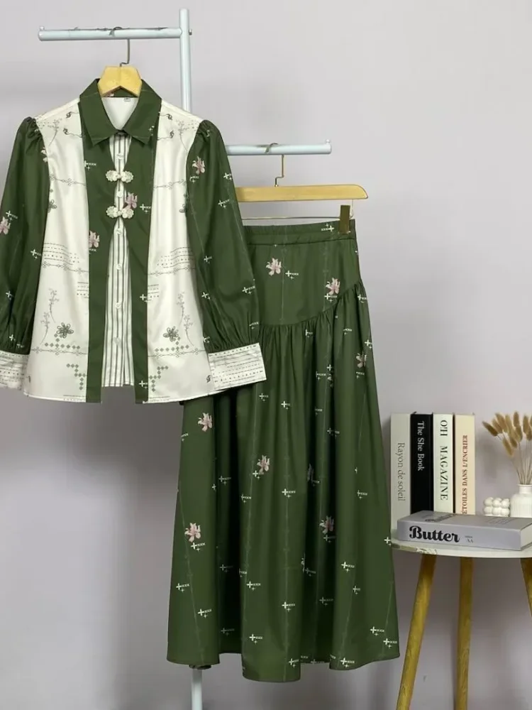 ASAYA Setelan wanita 2in1 blouse lengan panjang motif print kombinasi bunga + rok panjang highwaist elegan model kekinian