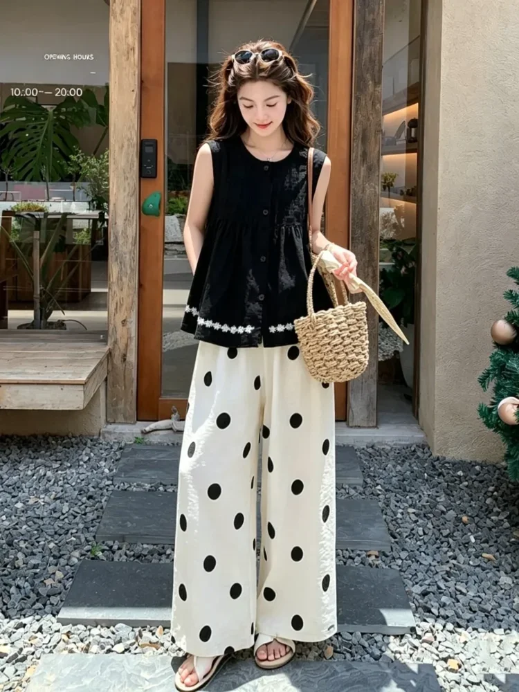 CHICMORE Setelan wanita kasual dengan blouse peplum sleveless + celana polkadot panjang