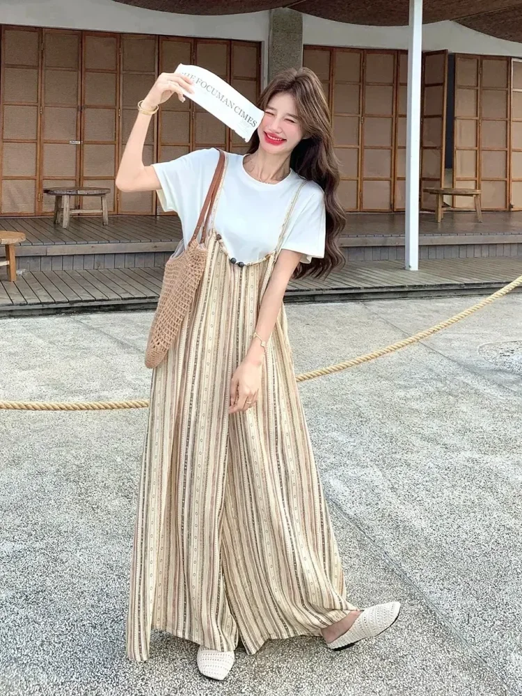 ASAYA Jumpsuit celana motif garis - garis dengan gaya kasual untuk wanita