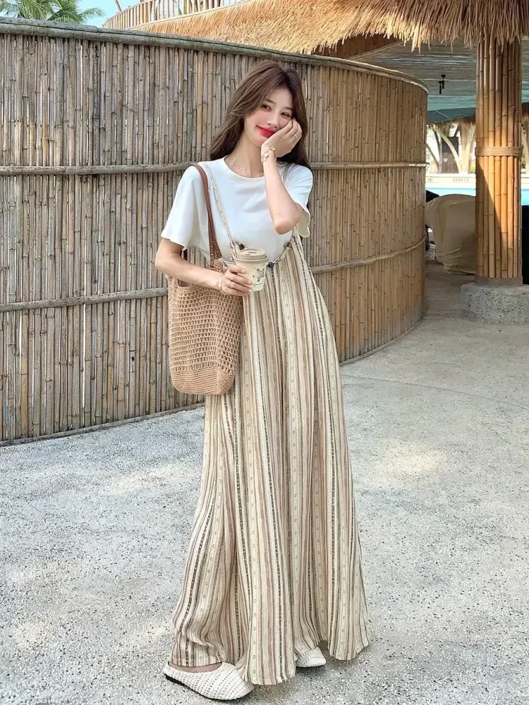 ASAYA Jumpsuit celana motif garis - garis dengan gaya kasual untuk wanita