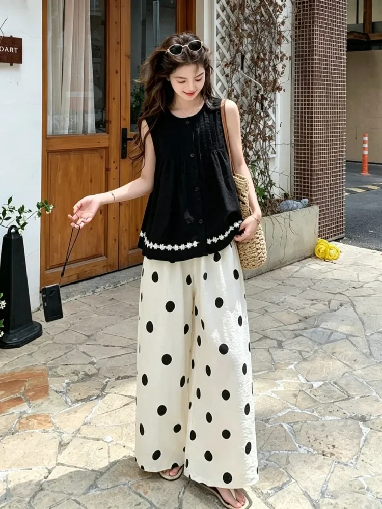 CHICMORE Setelan wanita kasual dengan blouse peplum sleveless + celana polkadot panjang