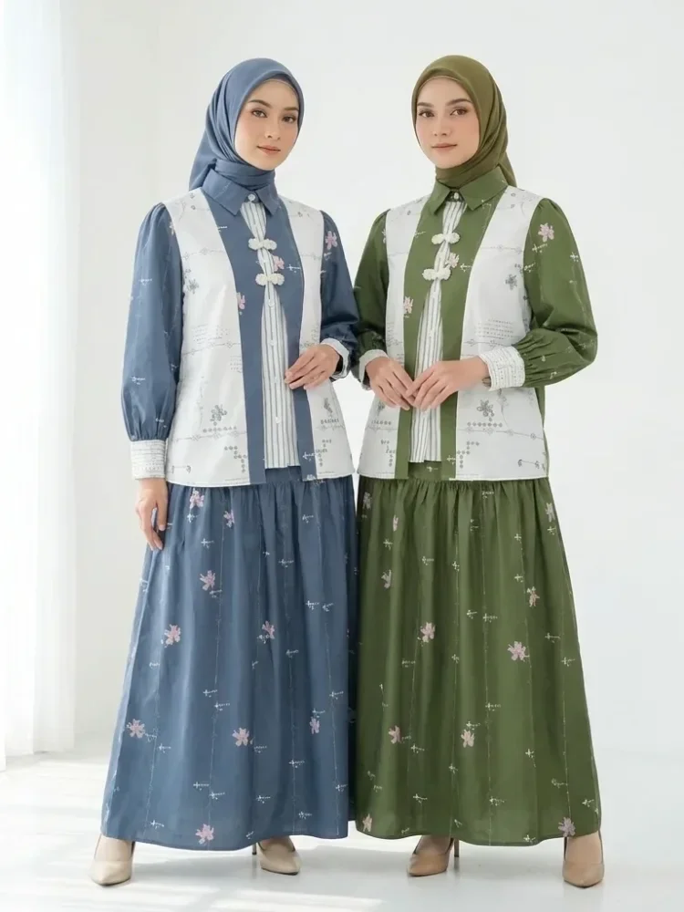 ASAYA Setelan wanita 2in1 blouse lengan panjang motif print kombinasi bunga + rok panjang highwaist elegan model kekinian