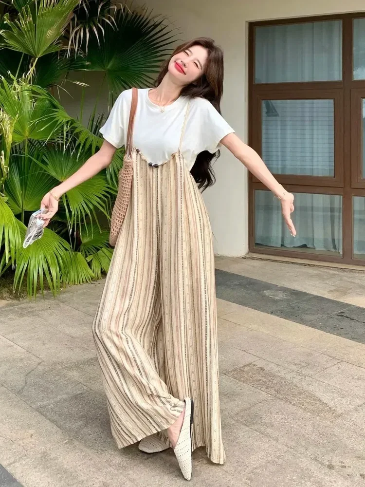 ASAYA Jumpsuit celana motif garis - garis dengan gaya kasual untuk wanita