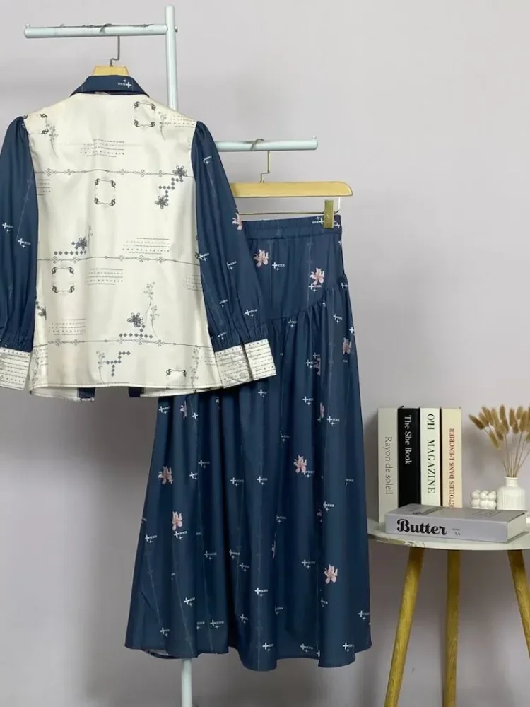 ASAYA Setelan wanita 2in1 blouse lengan panjang motif print kombinasi bunga + rok panjang highwaist elegan model kekinian