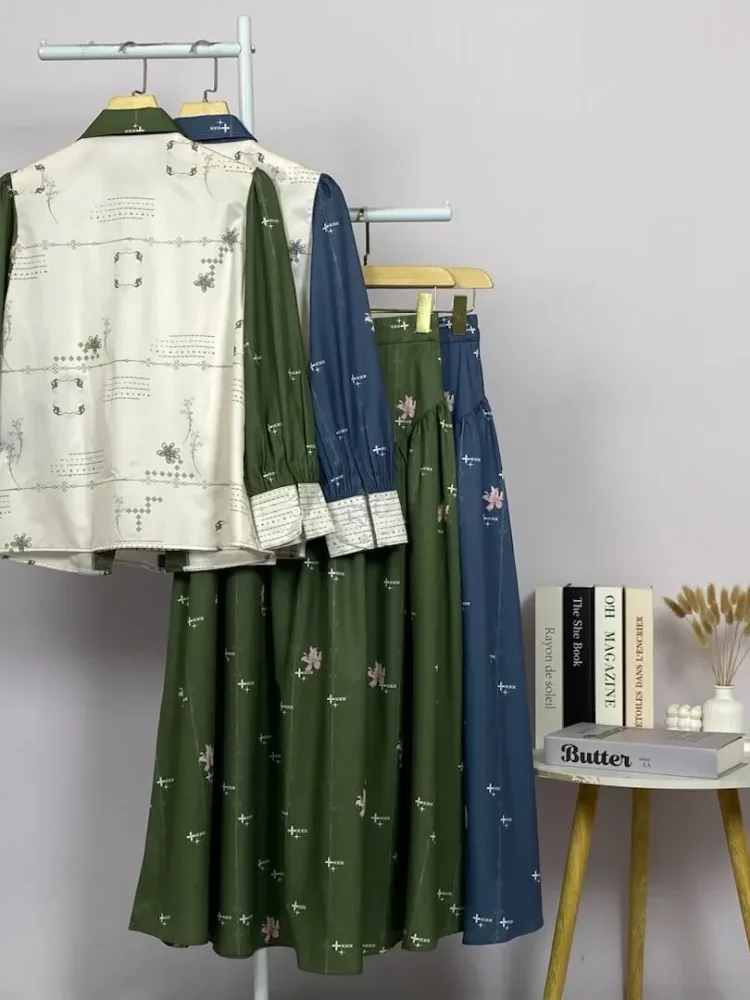 ASAYA Setelan wanita 2in1 blouse lengan panjang motif print kombinasi bunga + rok panjang highwaist elegan model kekinian