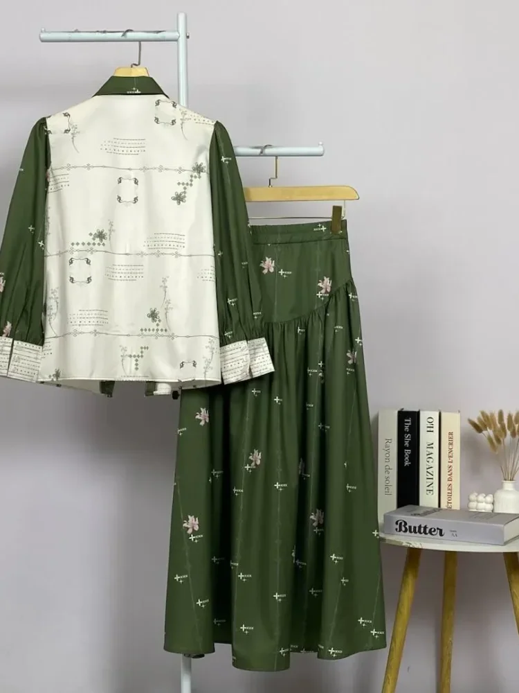 ASAYA Setelan wanita 2in1 blouse lengan panjang motif print kombinasi bunga + rok panjang highwaist elegan model kekinian