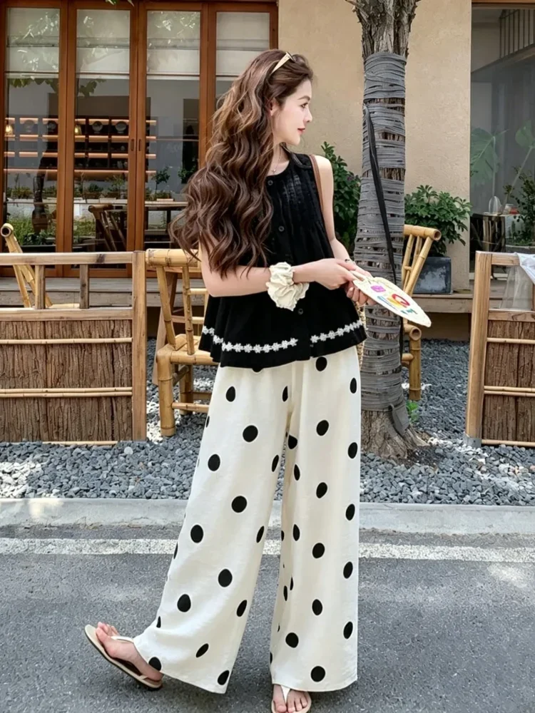 CHICMORE Setelan wanita kasual dengan blouse peplum sleveless + celana polkadot panjang