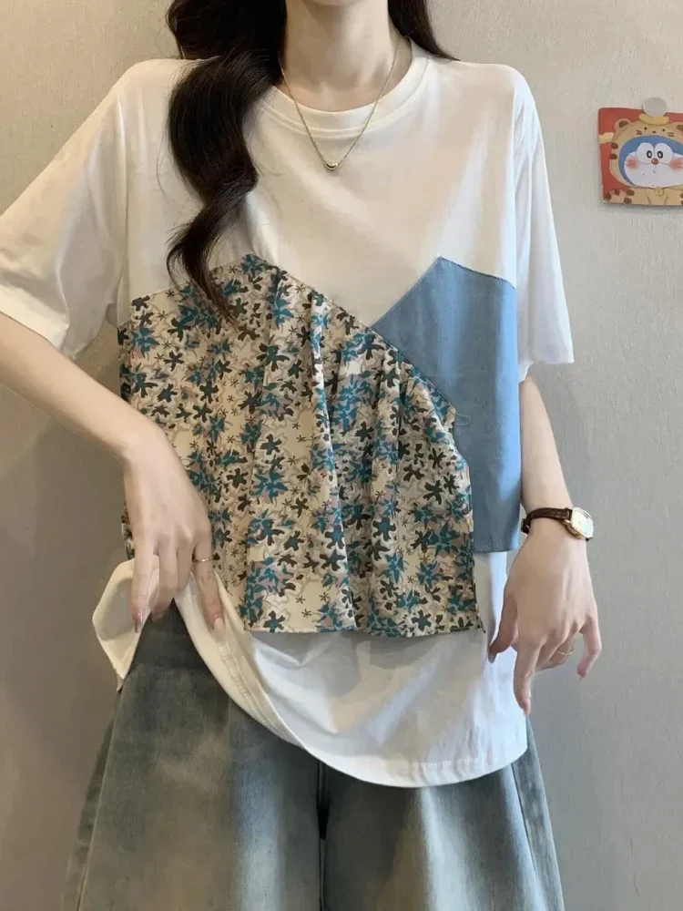 ASAYA Atasan kaos kerah bulat lengan pendek dan bermotif unik