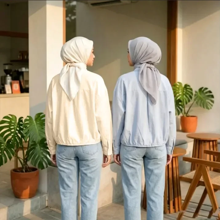 ASAYA Atasan kemeja warna polos dengan kerah bulat kancing unik dan aktif