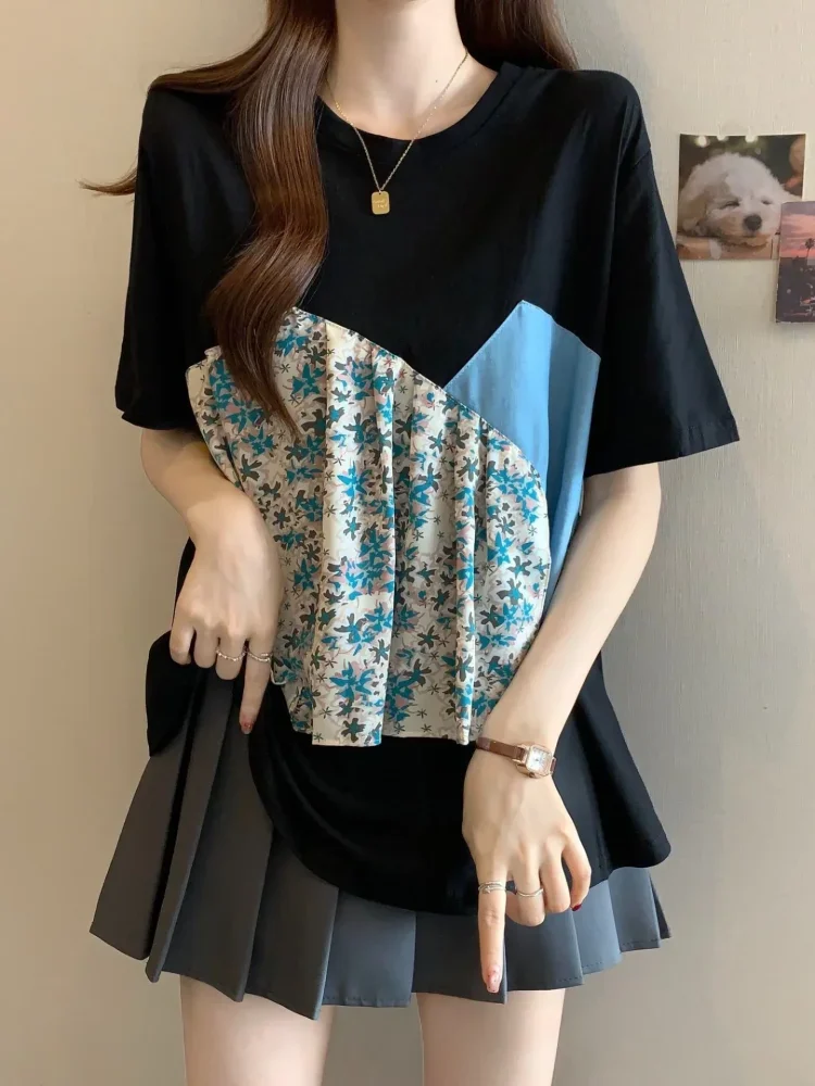 ASAYA Atasan kaos kerah bulat lengan pendek dan bermotif unik