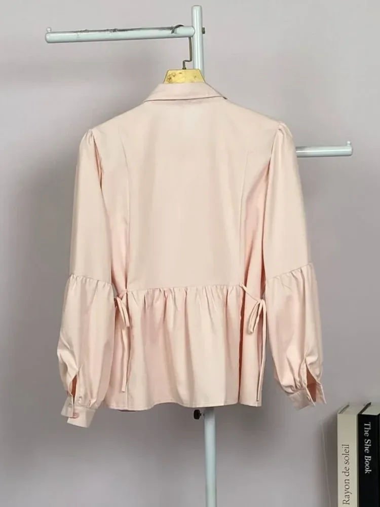 FADFAD Kemeja wanita warna pink bordir kupu-kupu pinggang serut lengan balon elegan