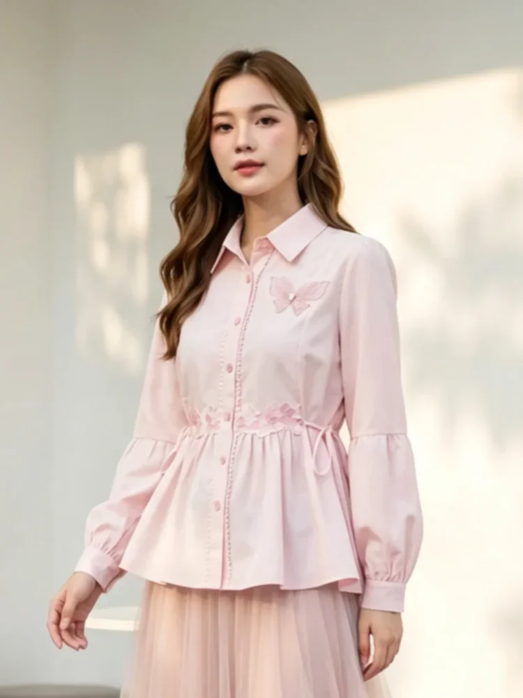 FADFAD Kemeja wanita warna pink bordir kupu-kupu pinggang serut lengan balon elegan