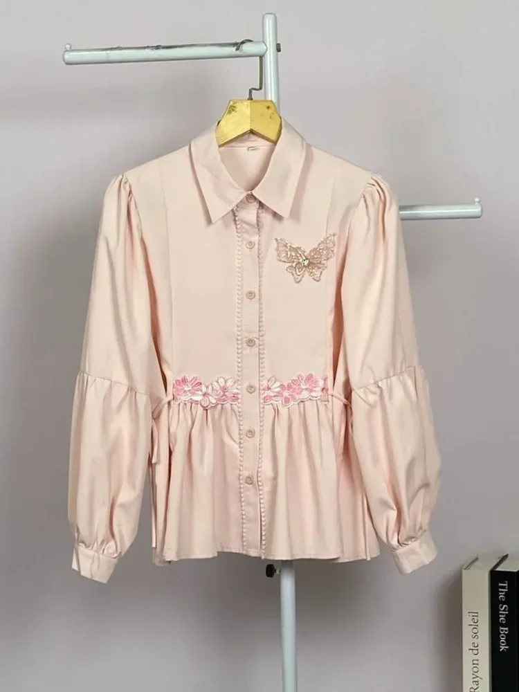 FADFAD Kemeja wanita warna pink bordir kupu-kupu pinggang serut lengan balon elegan