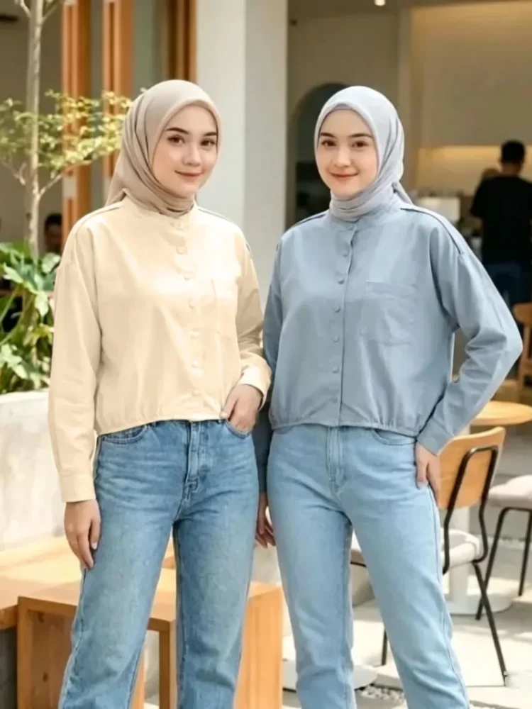 ASAYA Atasan kemeja warna polos dengan kerah bulat kancing unik dan aktif