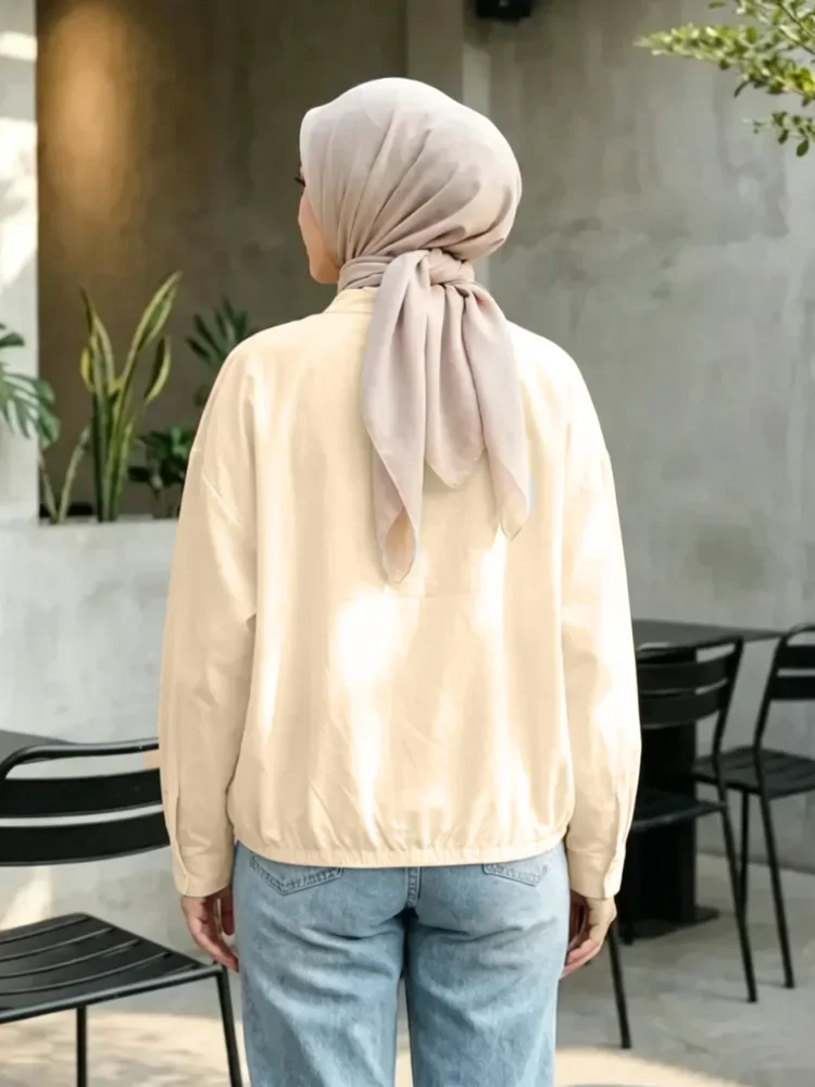 ASAYA Atasan kemeja warna polos dengan kerah bulat kancing unik dan aktif