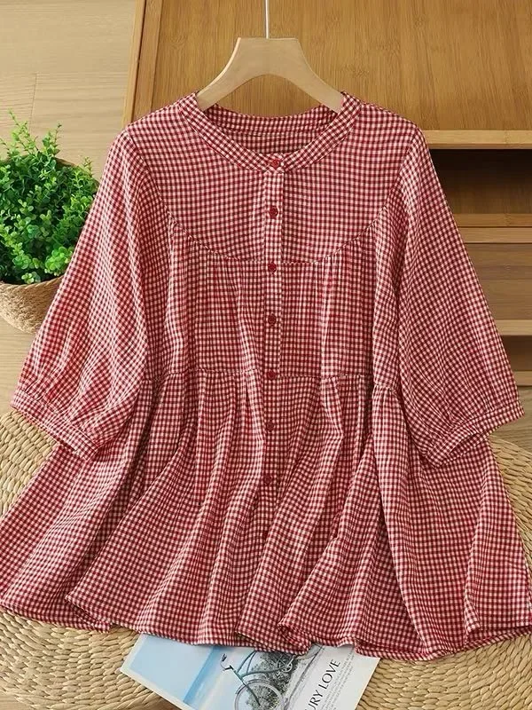 ASAYA Atasan blouse longgar lengan tig aperempat motif kotak kecil