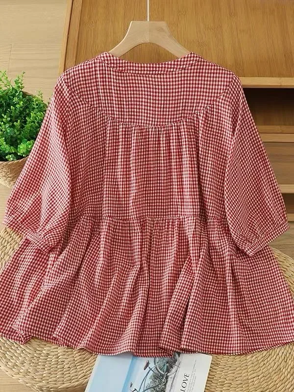 ASAYA Atasan blouse longgar lengan tig aperempat motif kotak kecil