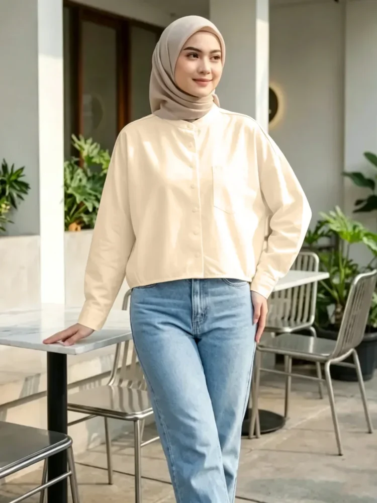 ASAYA Atasan kemeja warna polos dengan kerah bulat kancing unik dan aktif