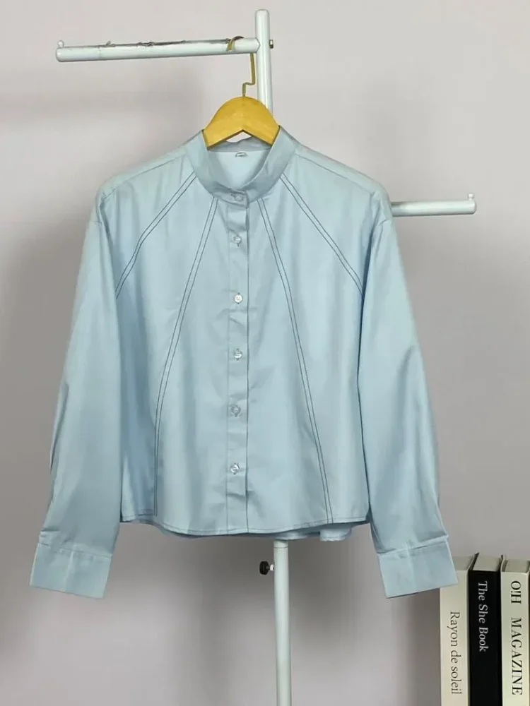 ASAYA Kemeja lengan panjang longgar wanita dengan hiasan garis, polos