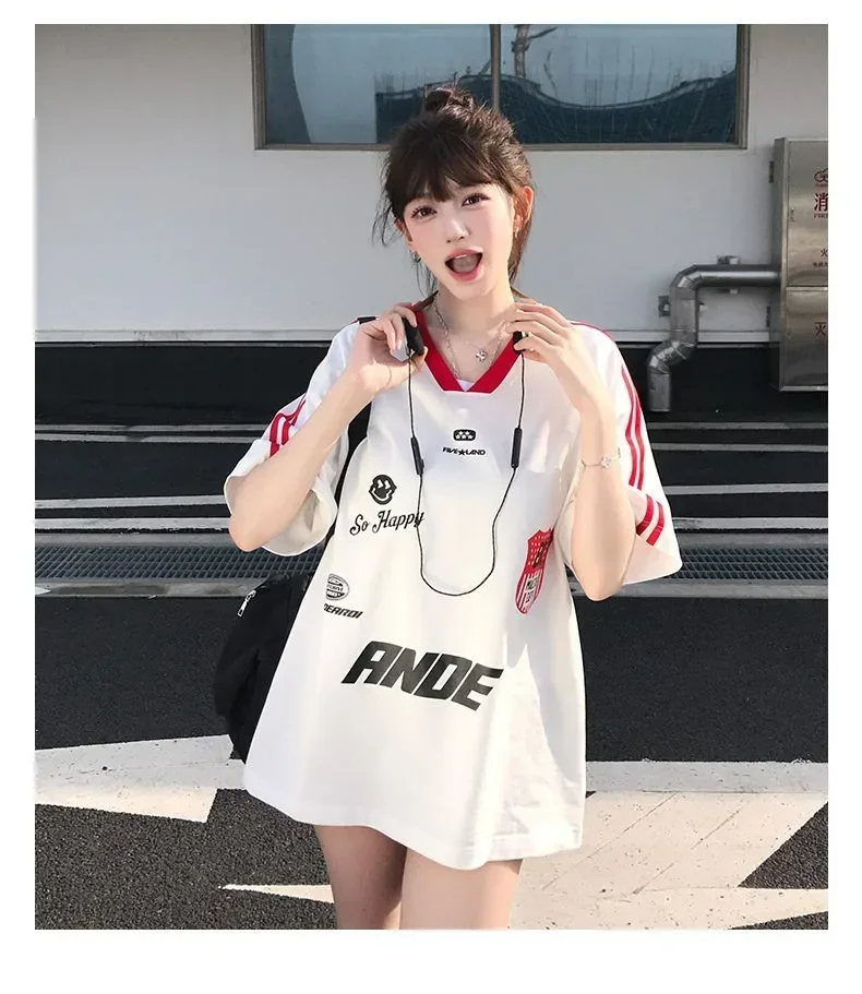 ASAYA Kaos wanita desain sporty lengan pendek oversized