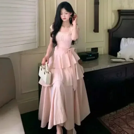 CHICMORE Gaun mode ruffle tampilan anggun kerah persegi lengan puff untuk wanita
