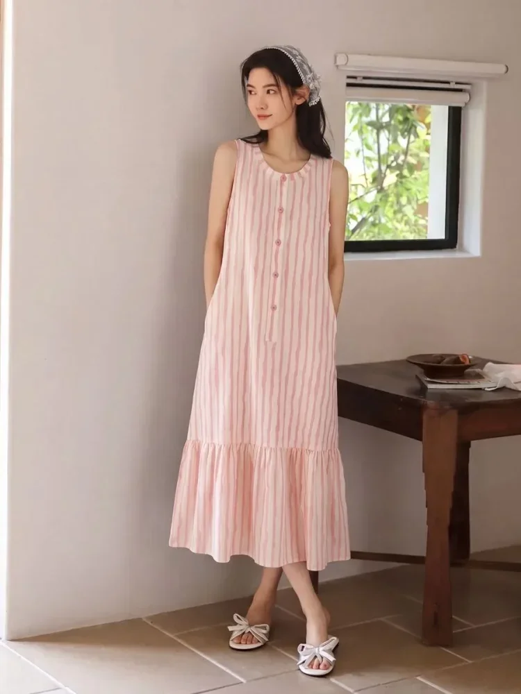 ASAYA Dress tanpa lengan motif bergaris korean style