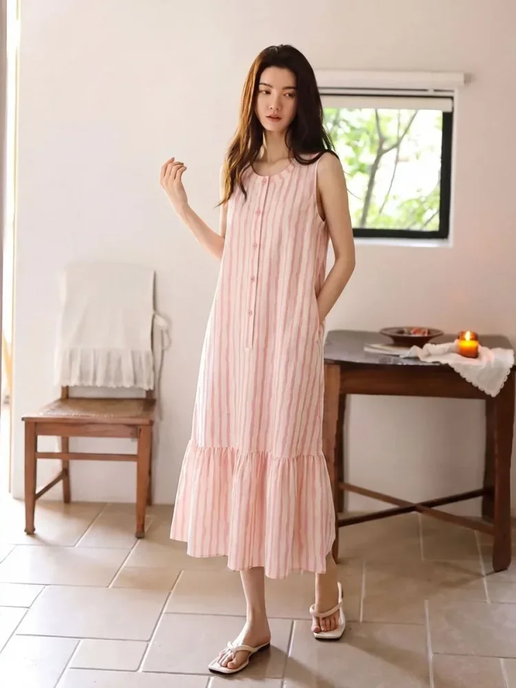 ASAYA Dress tanpa lengan motif bergaris korean style