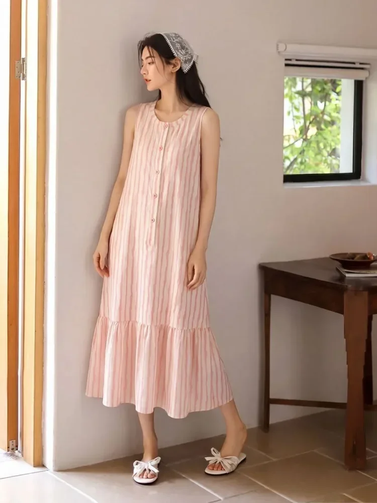 ASAYA Dress tanpa lengan motif bergaris korean style