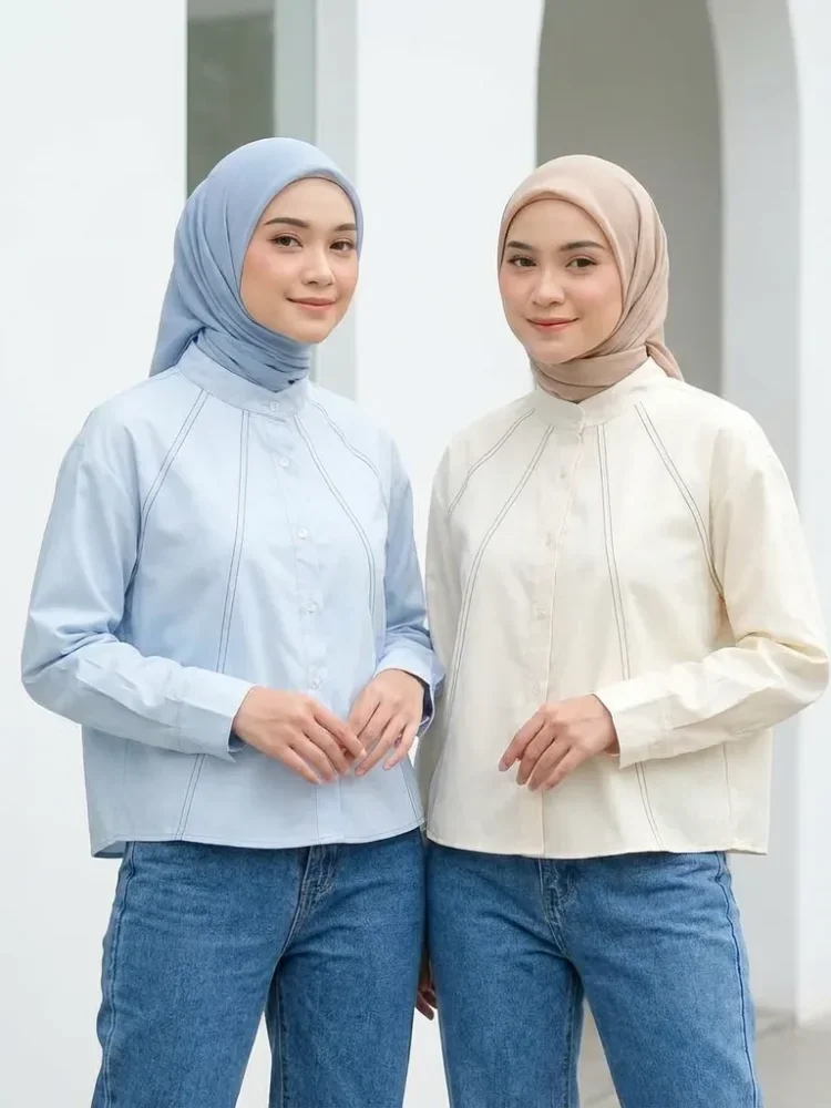 ASAYA Kemeja lengan panjang longgar wanita dengan hiasan garis, polos