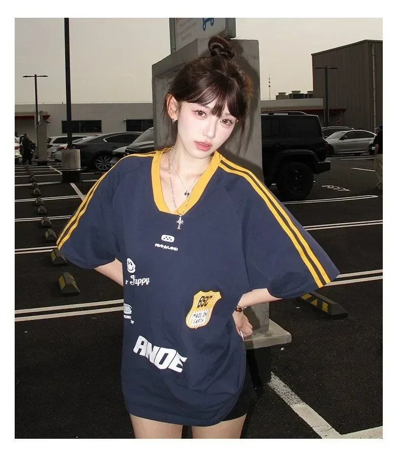 ASAYA Kaos wanita desain sporty lengan pendek oversized