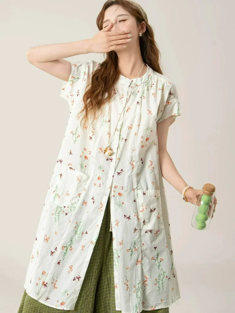 CHICMORE Setelan wanita kasual dengan kemeja panjang motif bunga + celana wide leg kotak-kotak