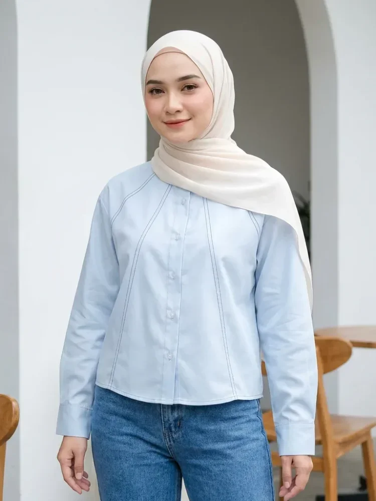 ASAYA Kemeja lengan panjang longgar wanita dengan hiasan garis, polos